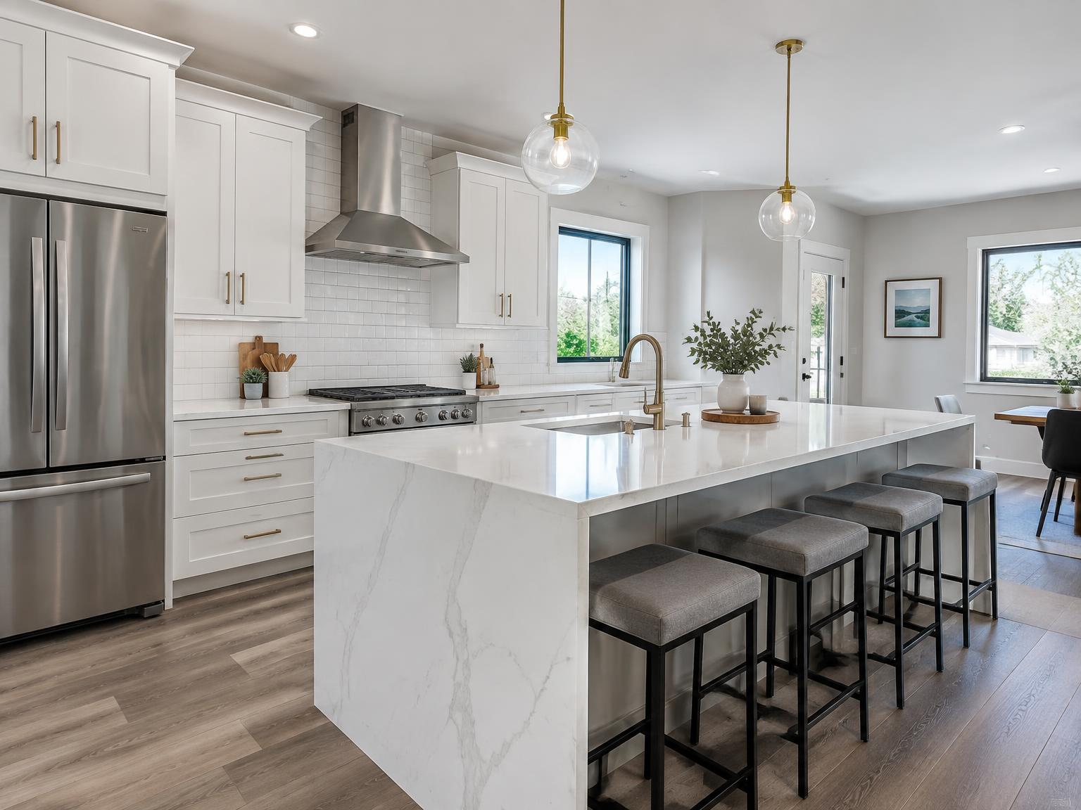 A brand-new renovated kitchen with white cabinets and quartz island